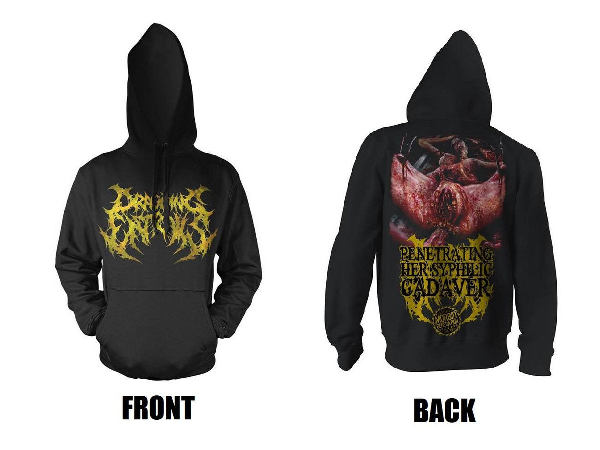 Luxurious Penetrating Her Syphilic Cadaver Hoodie by Rancid Offal Records, showcasing a unique dark aesthetic for fans of extreme music.
