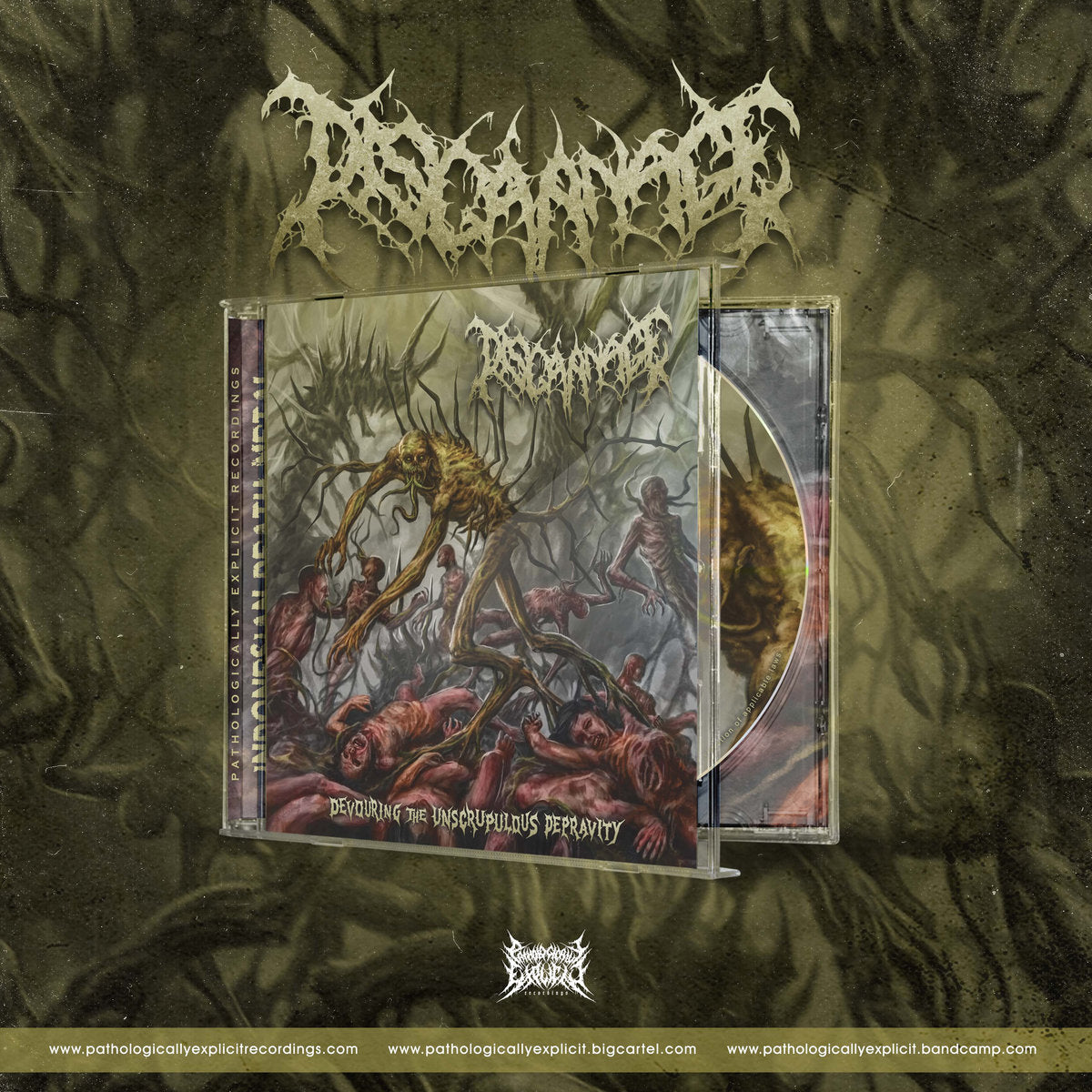 Discarnage - Devouring The Unscrupulous Depravity CD album cover by Rancid Offal Records, featuring a dark and intense design representative of the Death Metal genre, showcasing the band from Spain and their unique sound with a captivating graphic.