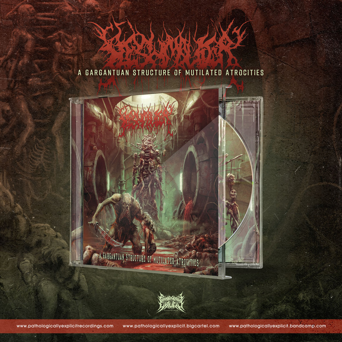 Fleshmauler's album cover 'A Gargantuan Structure of Mutilated Atrocities' released by Rancid Offal Records, showcasing dark and artistic imagery characteristic of the Death Metal genre.