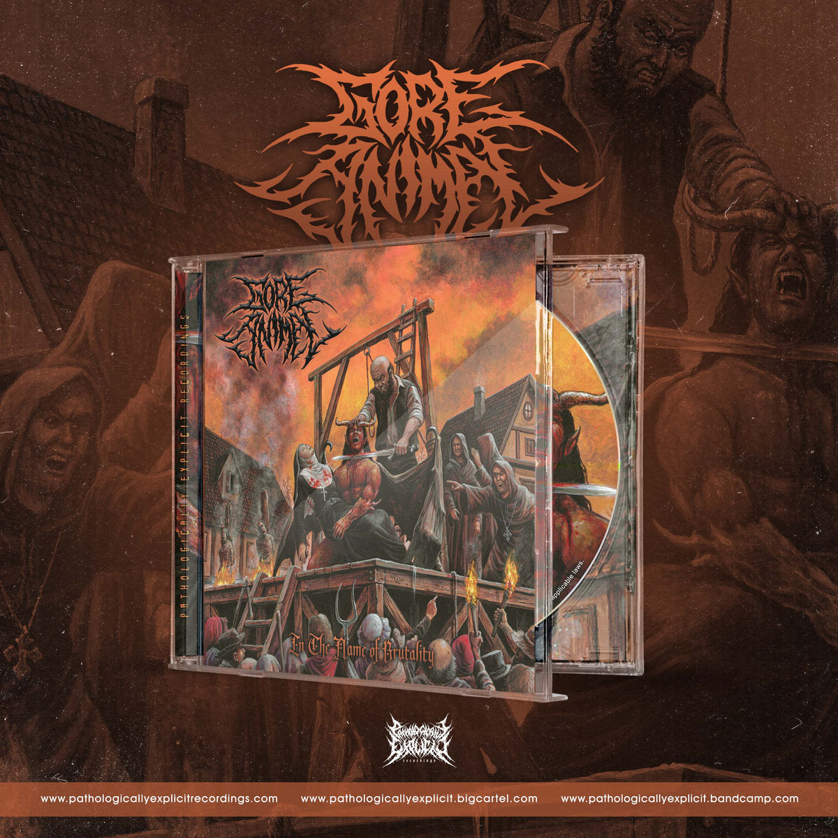 Gore Animal - In The Name Of Brutality CD by Rancid Offal Records, showcasing the death metal genre with an artistic design reflecting the album's intense themes.
