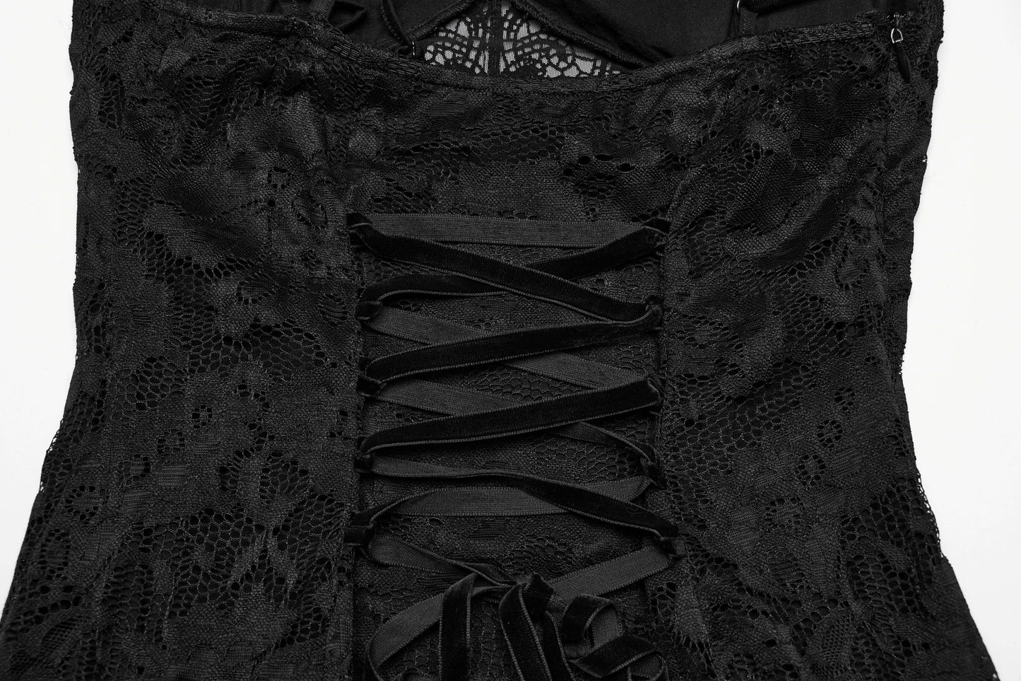 Close-up of the adjustable drawstring back of the Punk Rave Aviva Black Lace Dress, showcasing its customisable fit and exquisite lace craftsmanship.