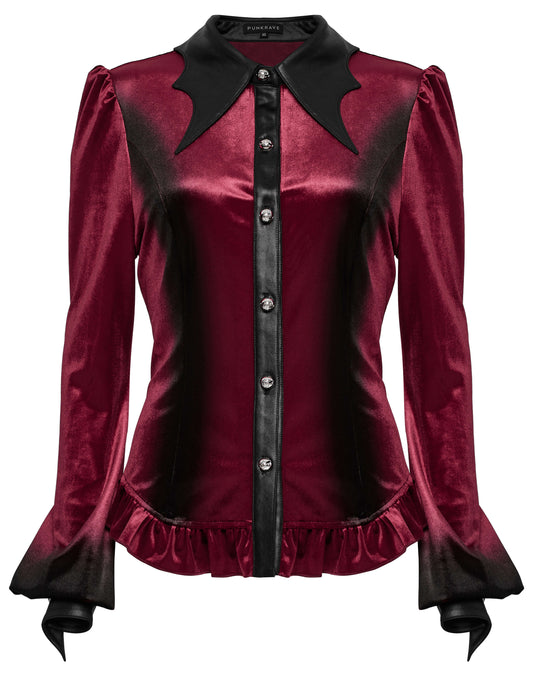 Punk Rave Fawn Velvet Gradient Printed Shirt in Red with Bat Collar and Ruffled Hem