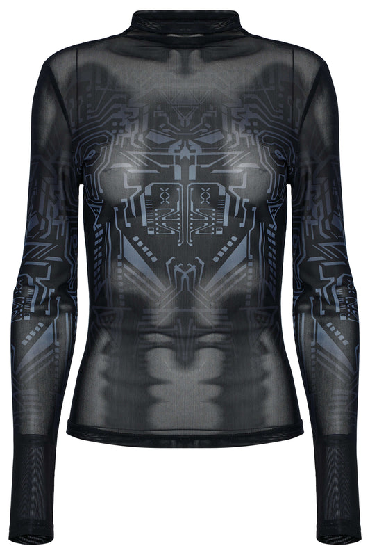Close-up of the intricate mechanical skull print on the Punk Rave Eluana Cybergoth Long Sleeve Top, showcasing its unique gradient technology and bold style.
