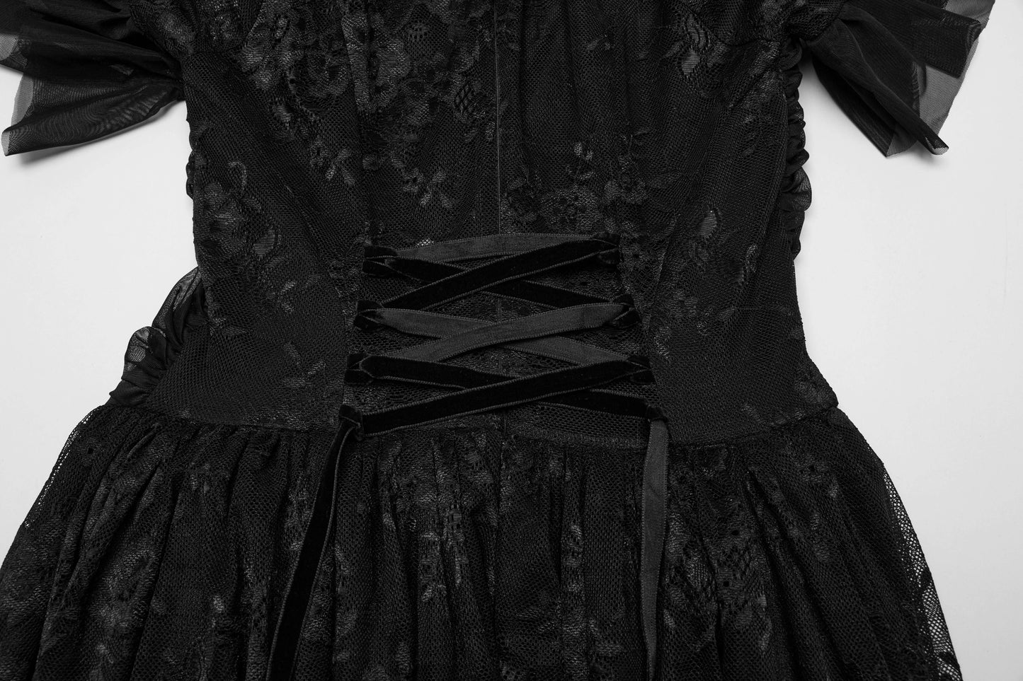 Back of the Punk Rave Nova Gothic dress featuring peek-a-boo lace and an invisible zipper for easy wear, exemplifying a blend of sophistication and gothic charm.