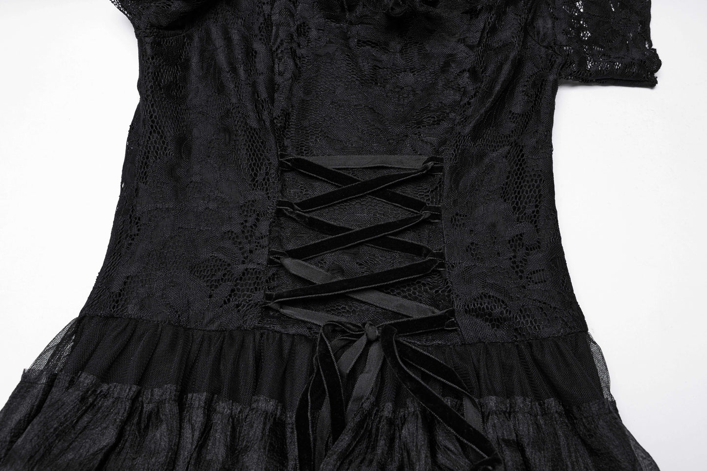 Back view of the luxurious Punk Rave Penelope Steampunk Lace Dress showcasing a cinched drawstring detail and flowing layered chiffon skirt, perfect for a vintage-inspired gothic look.