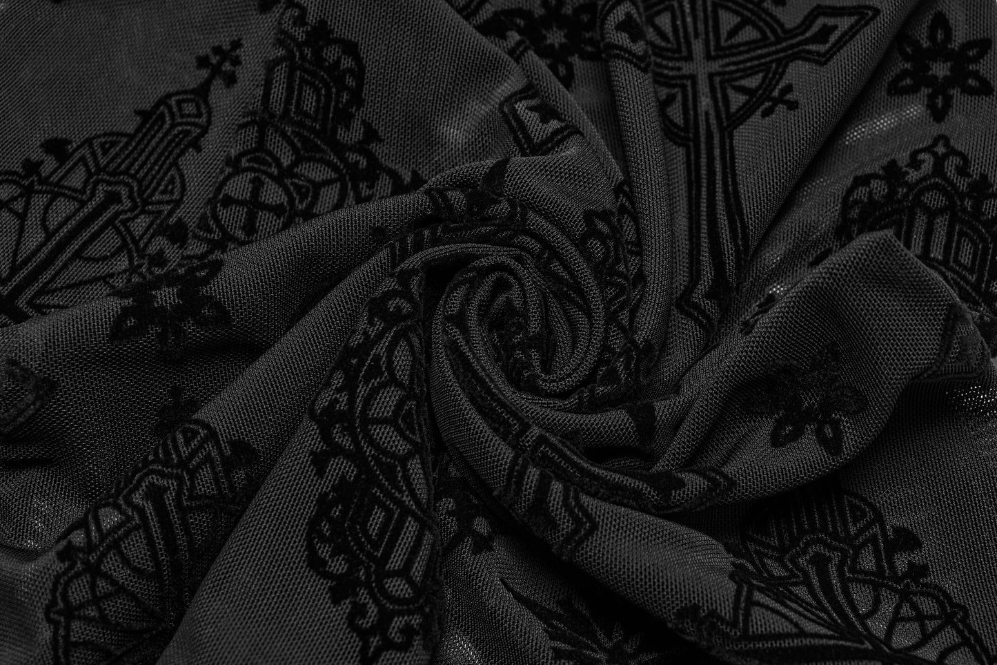 Full-length image of the stunning Gothic Seraphina Cross Flocking Flare Pants, emphasising the dramatic silhouette and layered edgy aesthetic ideal for fashionable alternative attire.