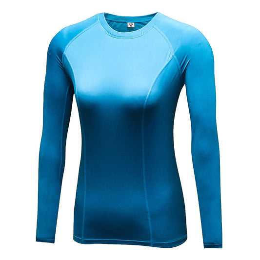 Elegant women's long sleeve running shirt in vibrant blue, designed for enhanced breathability and unrestricted movement during workouts.