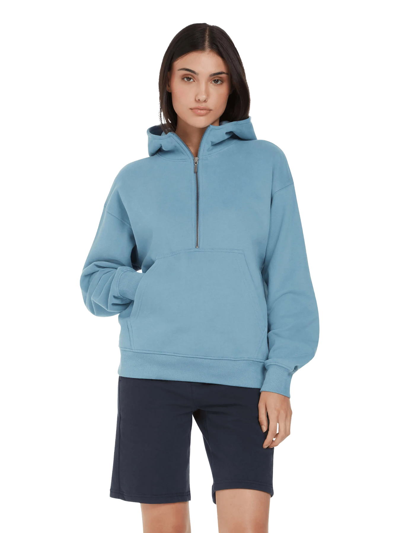 The women's organic cotton half zip hoodie in serene blue, perfect for sustainable fashion lovers seeking comfort and luxury.