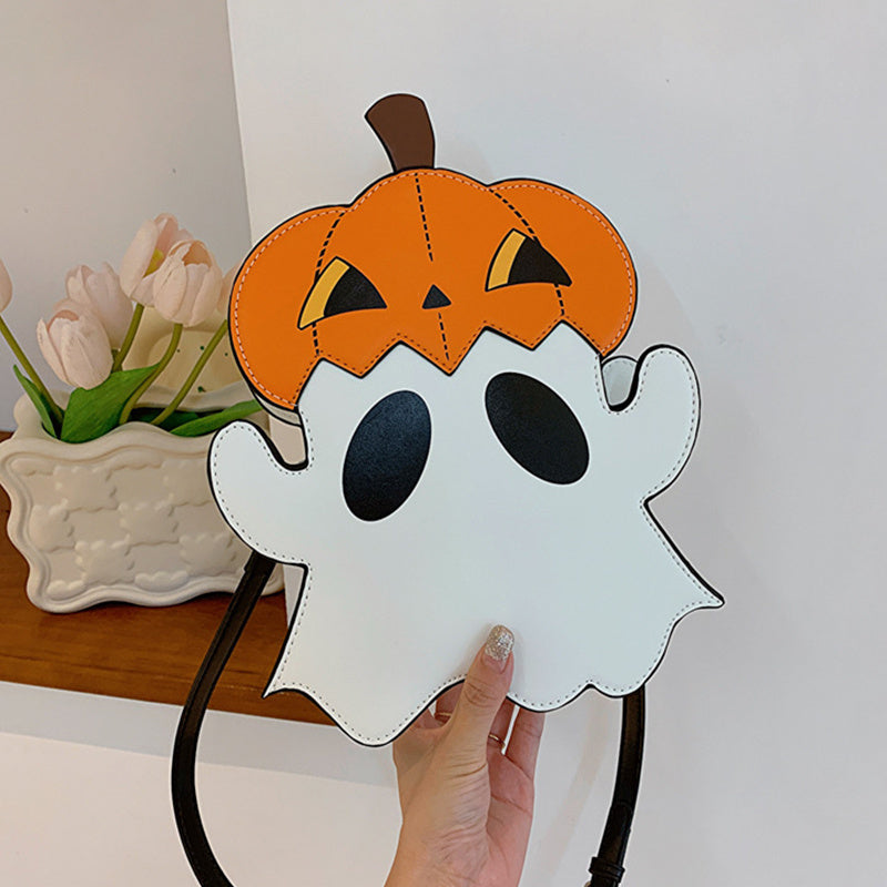 Halloween Shoulder Bags Creative 3D Cartoon Pumpkin Ghost Design - A hand-held view of the striking 3D bag featuring a pumpkin atop a spooky ghost, blending fun with practicality for seasonal occasions.