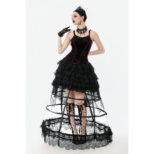 Stunning Dark in Love Gothic Hoop Cage Skirt showcasing intricate lace trim and tiered structure, perfect for dramatic gothic ensembles.