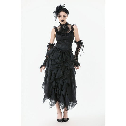 Luxury black Morrigan ruffled gothic midi skirt featuring an elegant asymmetrical hem and intricate lace trim for a dramatic look.