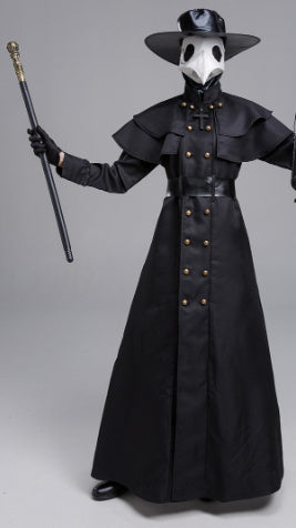 Full view of the Halloween Dark Dungeon Hero Costume, highlighting the striking black attire with a dramatic cloak, mask, and wand, perfect for Halloween events.