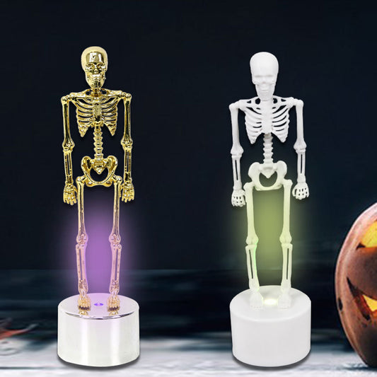 Luminous Halloween Decorations Skull Skeleton Desktop Ornaments featuring a striking contrast of white and golden skeletons with bewitching light effects against a dark background.