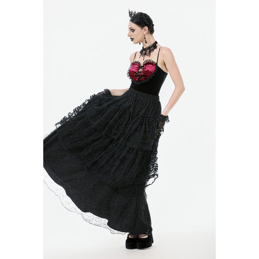 Luxurious Morticia Gothic Velvet & Lace Tiered Skirt in elegant black, showcasing a cascading ruffled silhouette with intricate lace detailing for a hauntingly beautiful look.
