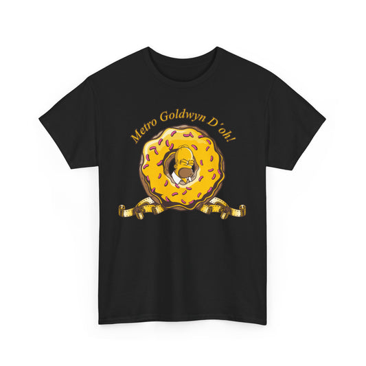 Elegant black t-shirt showcasing an amusing design of Homer Simpson in a donut, aptly named 'Metro Goldwyn D'oh!', perfect for casual chic looks.