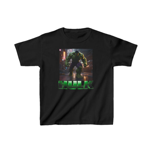 Kids Incredible Hulk Heavy Cotton T-Shirt in black featuring a bold Hulk graphic, designed for young superheroes seeking style and durability.