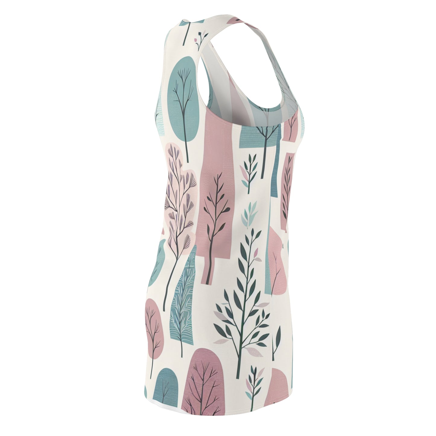 Close-up detail of the fabric of the Pastel Dream Tree Silhouette Dress, highlighting the soft pastel colours and stylish racerback design for comfortable fashion.