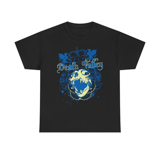 Elegant black t-shirt adorned with an elaborate Death Valley skull graphic, showcasing mystique with an opulent blue and yellow colour palette.