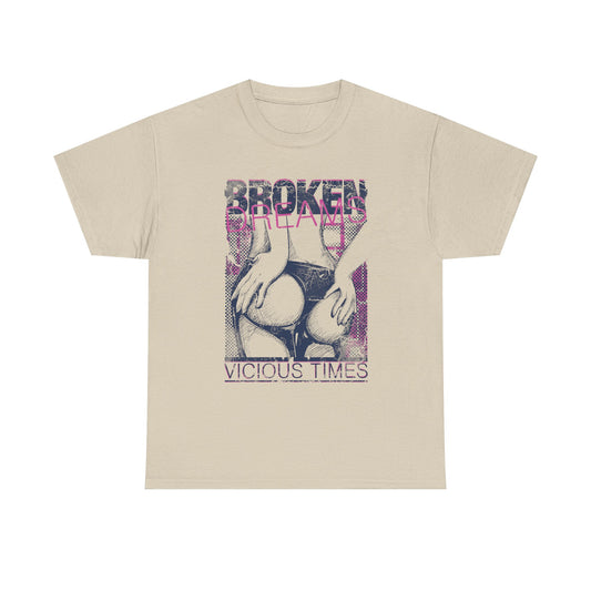 Close-up of the Broken Dreams graphic tee's unique design by Dazzling Dreams, showcasing dark blue, gray, and white tones.