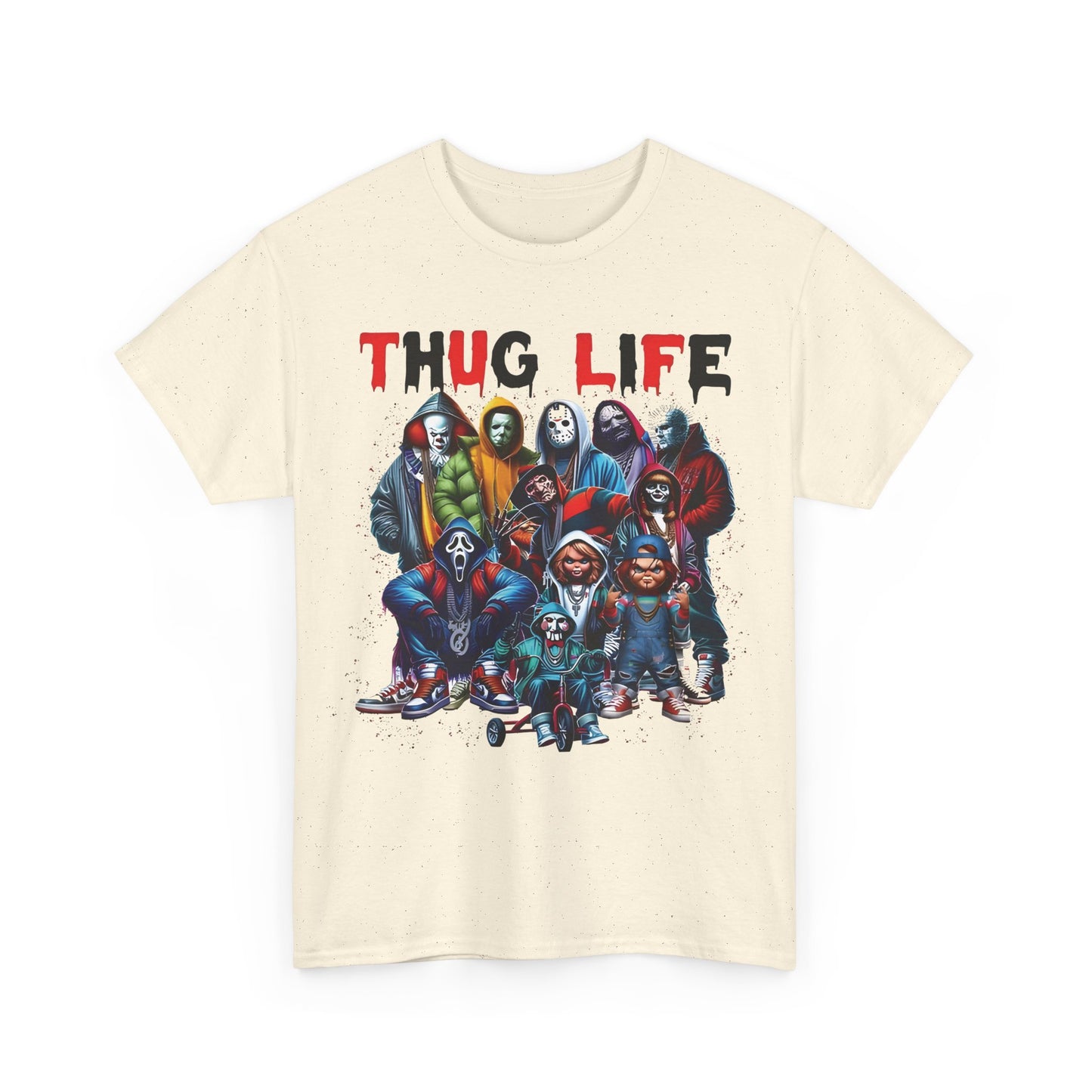 Thug Life Horror Collective Graphic T-Shirt in speckled beige, featuring a striking illustration of notorious horror figures blending streetwear influence with horror culture.