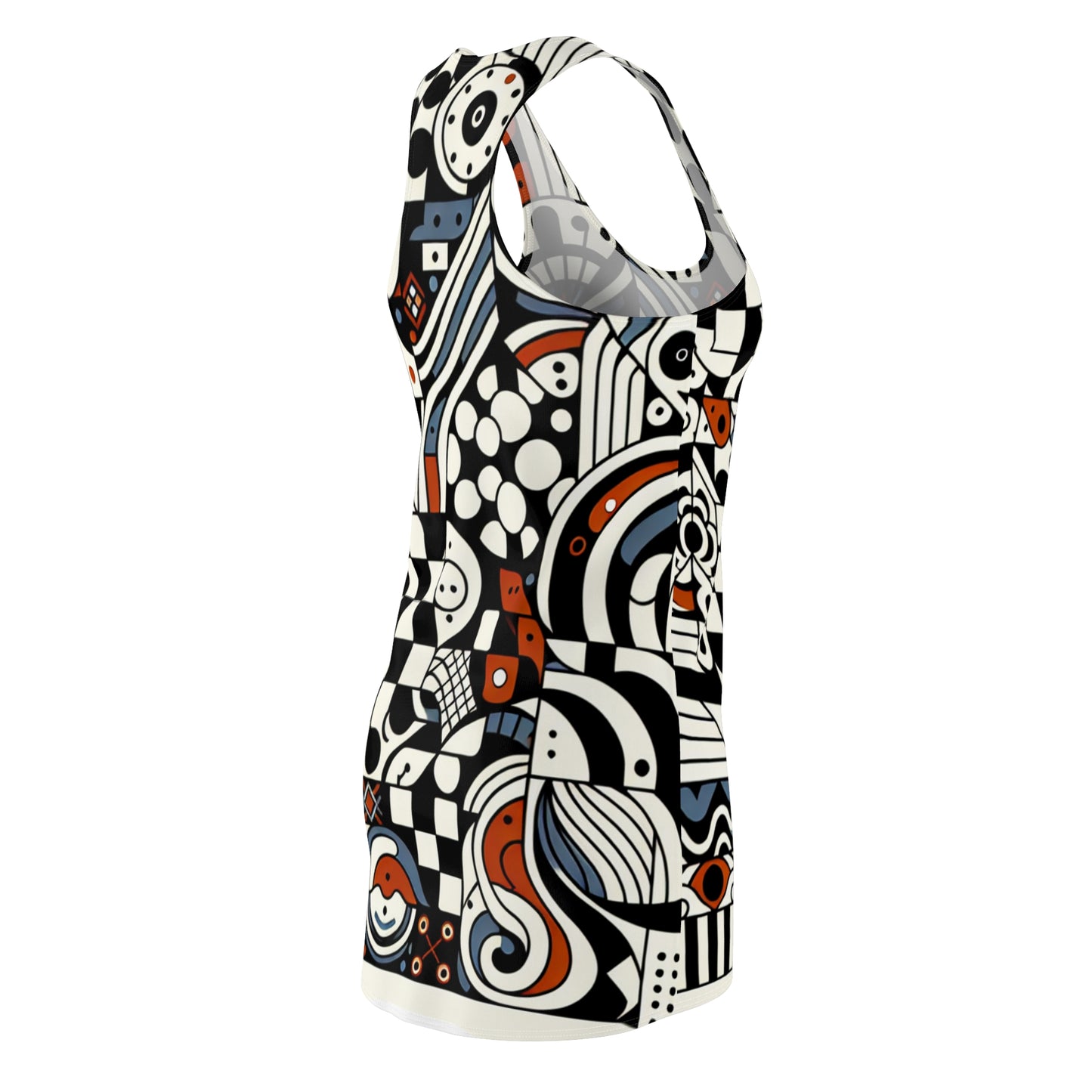 Andrea Bellecci Racerback Dress showcasing a chic checkerboard and abstract pattern, designed for modern femininity and elegance, perfect for both casual and upscale occasions.