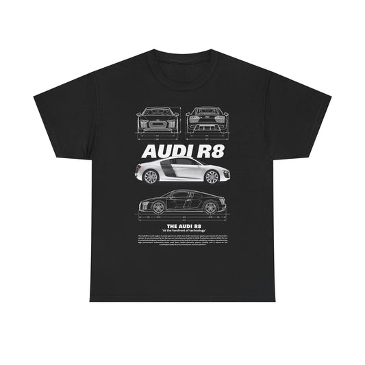Stylish black men's t-shirt showcasing a sleek graphic of the Audi R8 from multiple angles, complemented by the phrase 'The Audi R8: At the forefront of technology', perfect for car enthusiasts.