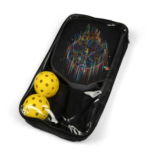 Luxury Pickleball Kit with Millennium Falcon pop art design neatly packed in a transparent zip case, including two paddles and yellow balls.
