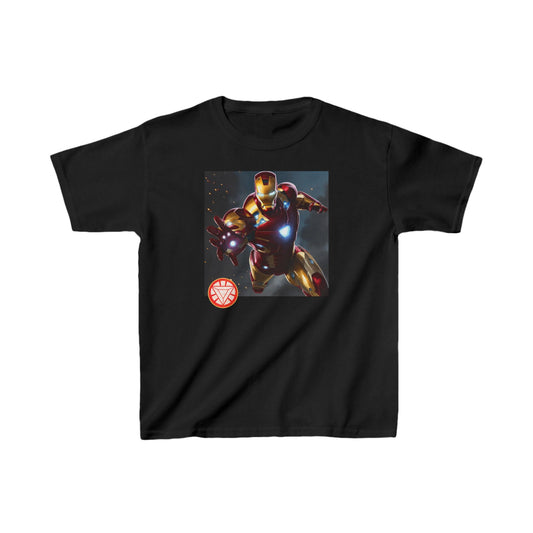 Luxurious Kids Iron Man Heavy Cotton T-Shirt showcasing a striking Iron Man graphic on a black fabric, perfect for fashionable young fans.