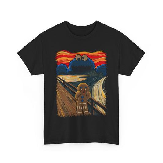 Cookie Monster Scream Unisex Men Women Graphic Funny T-Shirt featuring a vibrant design of Cookie Monster amidst a surreal background, inspired by Edvard Munch's 'The Scream', perfect for art and cookie lovers.