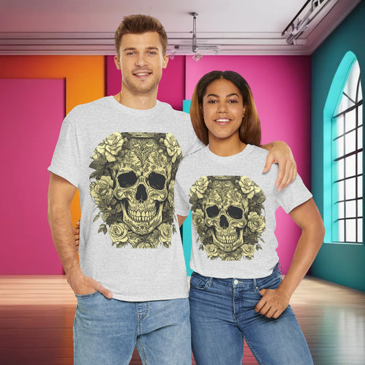 Skulls and Roses Cotton Tee unisex graphic shirt displayed by a male and female model in a chic environment, featuring detailed skull and rose artwork. A perfect blend of edgy style and luxury comfort.