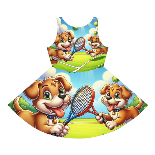 Chic Sophia Petitesse Girls Sundress adorned with adorable puppies playing tennis, ideal for summer festivities and park outings.