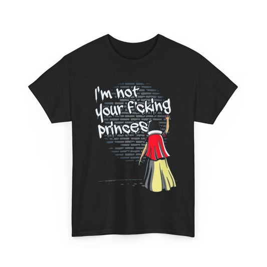 Elegant Snow White Funny Women's Graphic T-Shirt showcasing a striking design of Snow White expressing independence with the phrase 'I'm not your f*cking princess', enhanced by angular lines and a gritty brick wall background, perfect for contemporary style.