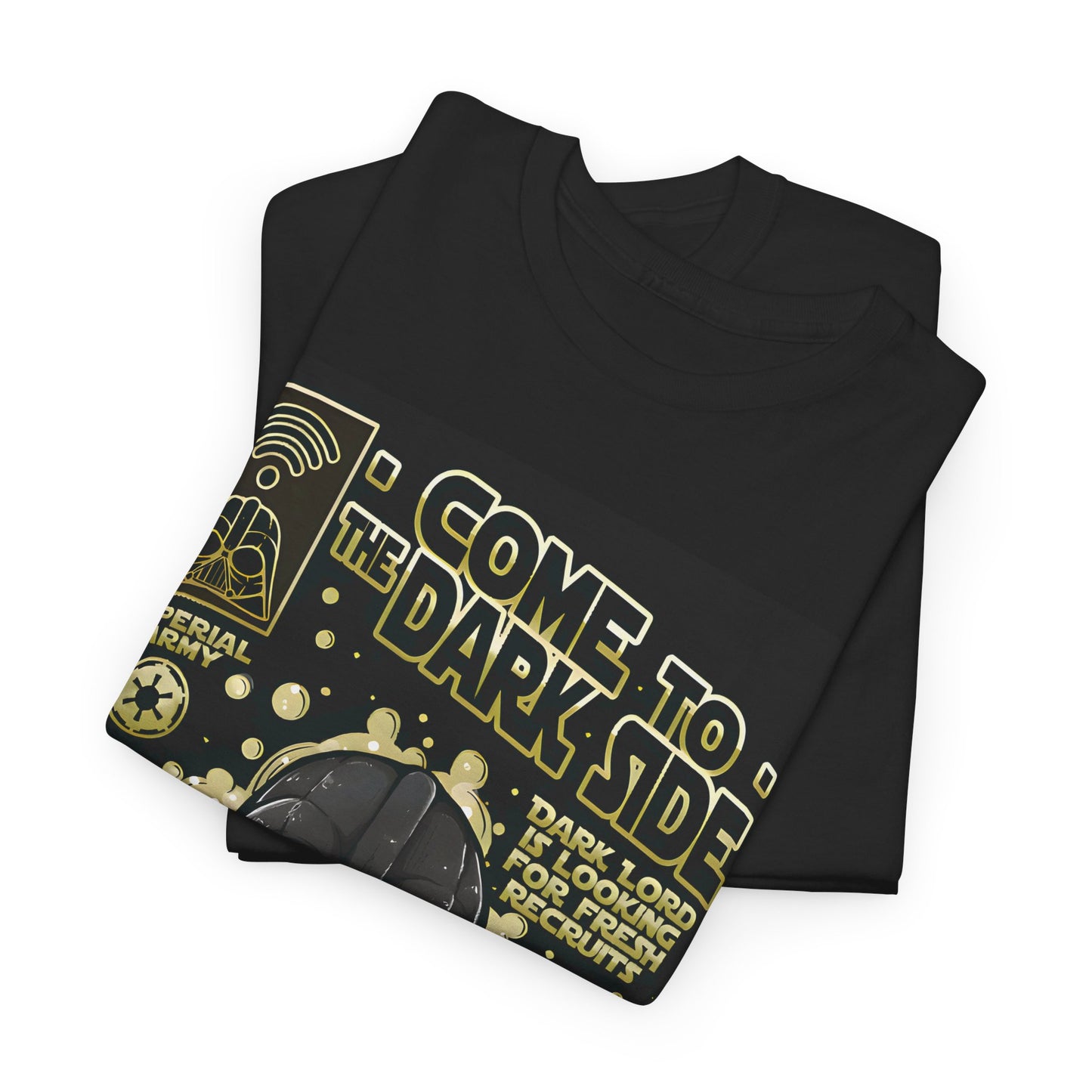 Luxury black Come to the Dark Side Star Wars Graphic T-Shirt featuring chibi-style Darth Vader with a smartphone, vibrant gold text, and whimsical Stormtroopers, perfect for pop culture enthusiasts.