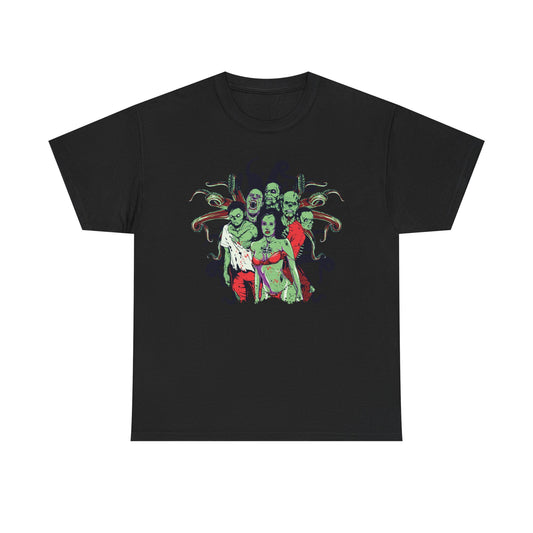 Sophisticated black men's t-shirt showcasing a striking cartoon zombie graphic, ideal for those who embrace unique and bold apparel.