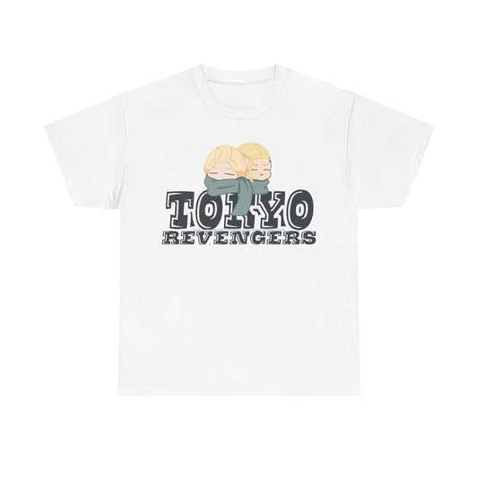 Elegant Tokyo Revengers graphic tee designed in white, displaying two charming anime figures with blonde hair and grey scarves, ideal for casual and stylish looks.