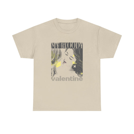 Elegant beige men's t-shirt adorned with a striking graphic print of a woman's portrait and bold lettering, 'MY BLOODY valentine', perfect for a contemporary wardrobe.