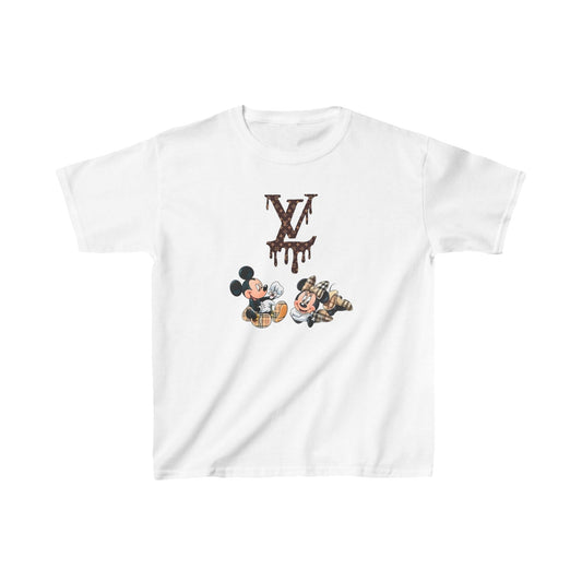 Unisex Kids Mickey Mouse and Minnie LV Cotton T-Shirt Tee in white, showcasing classic characters with a touch of premium artistry.