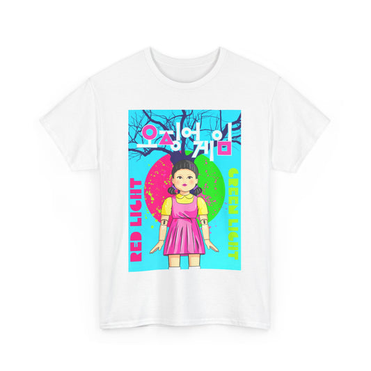 Squid Game Unisex Men's Women's Graphic Cotton Funny T-Shirt showcasing a bold design of a girl in a pink dress with 'Red Light Green Light' text. This fashionable tee embodies a playful yet luxurious lifestyle by Dazzling Dreams.