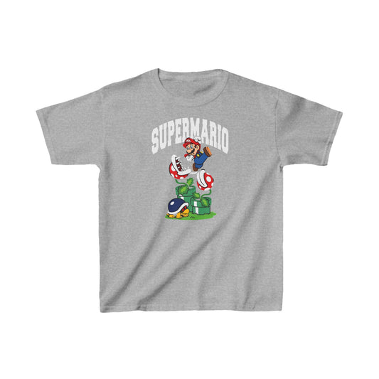 Unisex Kids Game Character Cotton T-Shirt Tee in Grey featuring iconic Super Mario design, perfect for stylish young gamers.
