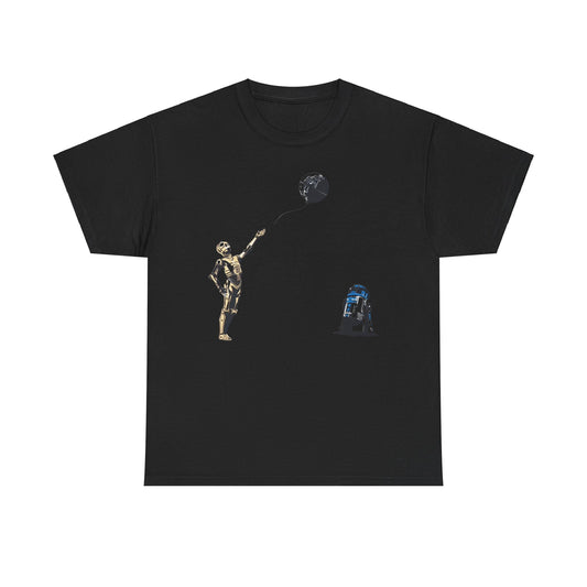 Exclusive Star Wars T-Shirt showcasing stylish graphic art of C-3PO and R2-D2 with a charming Death Star balloon, designed for sophisticated aficionados.