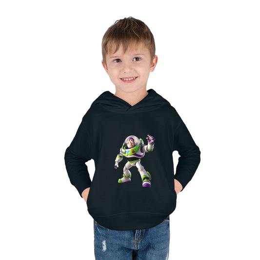 Buzz Lightyear Toy Story Hoodie displayed on a cheerful young boy, showcasing a luxurious fleece design suitable for ages 2-5 years.