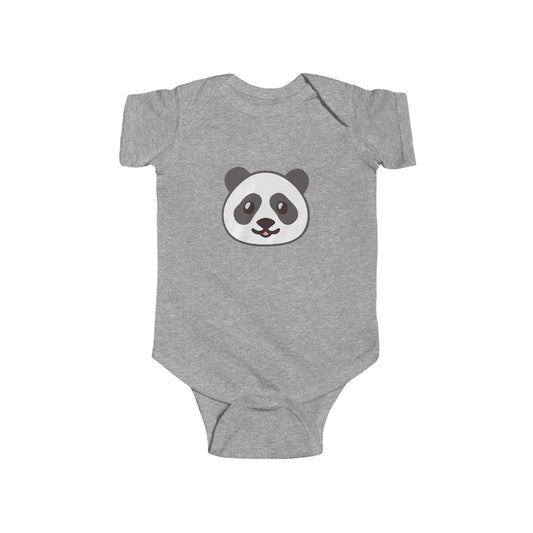 Panda Face Bodysuit, Infant Romper Suit in grey, showcasing an adorable panda face design on soft fabric, ideal for luxury baby clothing.