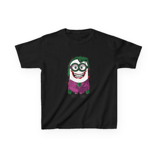 Minions Joker T-Shirt Kids display with a mischievous Minion styled as the Joker in vibrant colours and a purple outfit, a great choice for young fans. T Shirt, Funny, Minions.