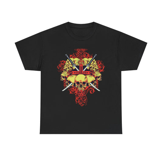 Fearless Samurai Swords graphic tee for men in black, showcasing a striking skull motif and dynamic design elements that express boldness and elegance.