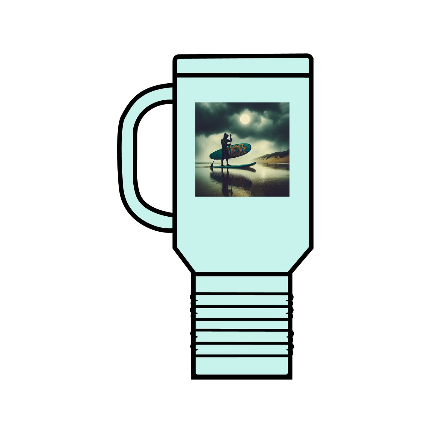 Chic Fantasy Paddleboarding 40oz Insulated Stainless Steel Mug in soft mint, designed for comfort and style, ideal for outdoor adventures and gifting.