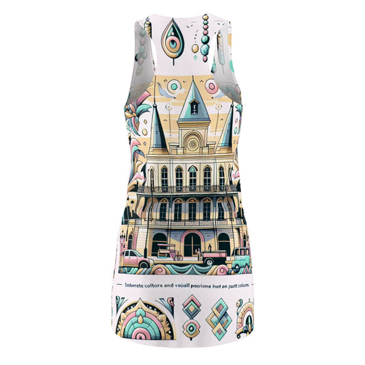 Close-up of the Celeste Carraway Racerback Dress showcasing intricate details and beautiful hues, embodying the essence of New Orleans creativity.