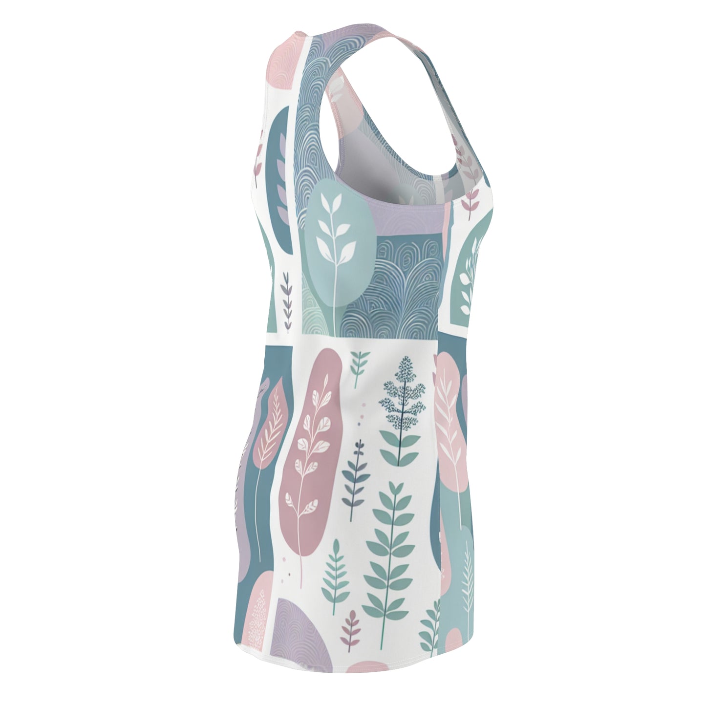 Chic Racerback Dress in Pastel Colours with Tree Silhouettes by Dazzling Dreams Studio, showcasing soft pink, baby blue, mint green, and lavender with elegant tree silhouettes for a contemporary fashion statement.