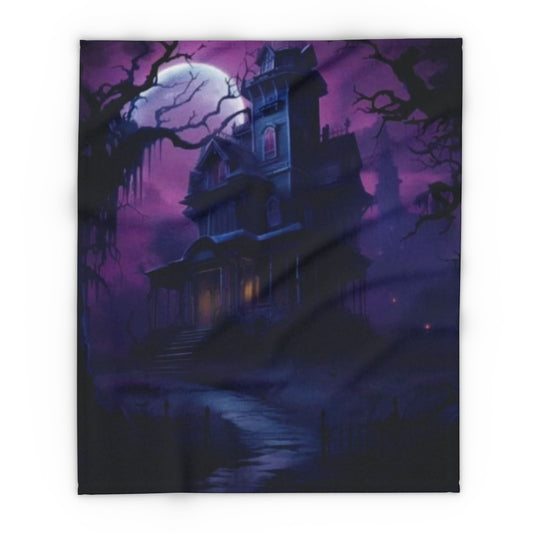 Decorative and Warm Halloween Spooky Arctic Fleece Blanket showcasing a mysterious old mansion set against a dramatic purple sky, ideal for creating a sophisticated atmosphere this Halloween season.