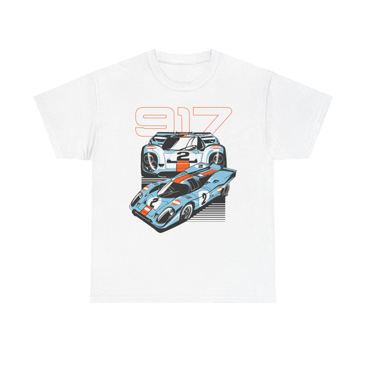 Elegant white t-shirt showcasing an exquisite illustration of Porsche 917 race cars, highlighted with vibrant orange details, ideal for motorsport aficionados.