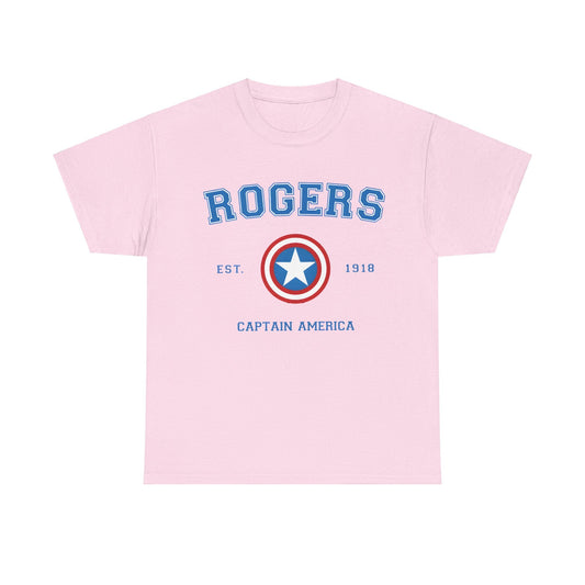 Luxury Captain America Graphic Tee featuring a stylish double-sided design with the word 'ROGERS' and the iconic Captain America shield in vibrant colours, perfect for unisex wear.